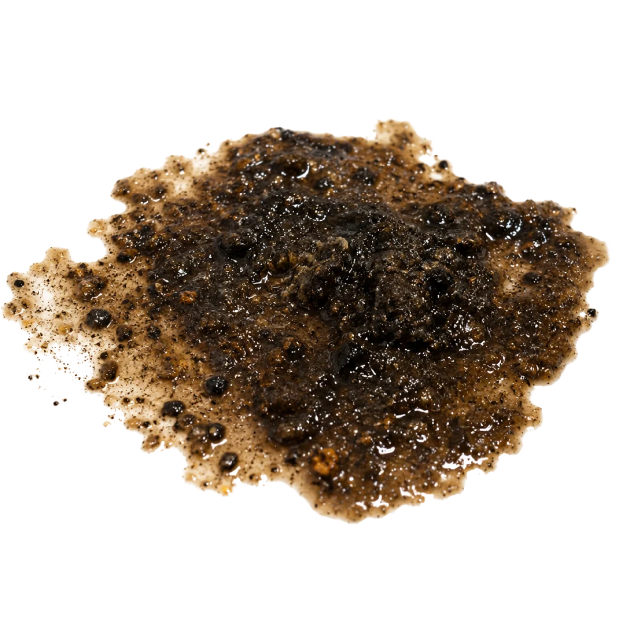 Dark brown sediment and buildup collected by an Akvarius replacement cartridge, shown on a white background.